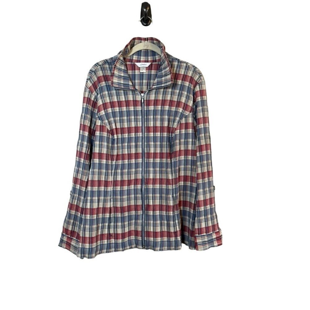 CJ Banks Jacket Women 2X Red Collar Neck Blue Plaid Metallic Full Zip Pockets